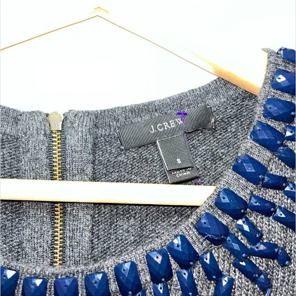 J. Crew Gray Blue Jeweled Neckline Back Zip Sweater Women’s Size S - Picture 4 of 7